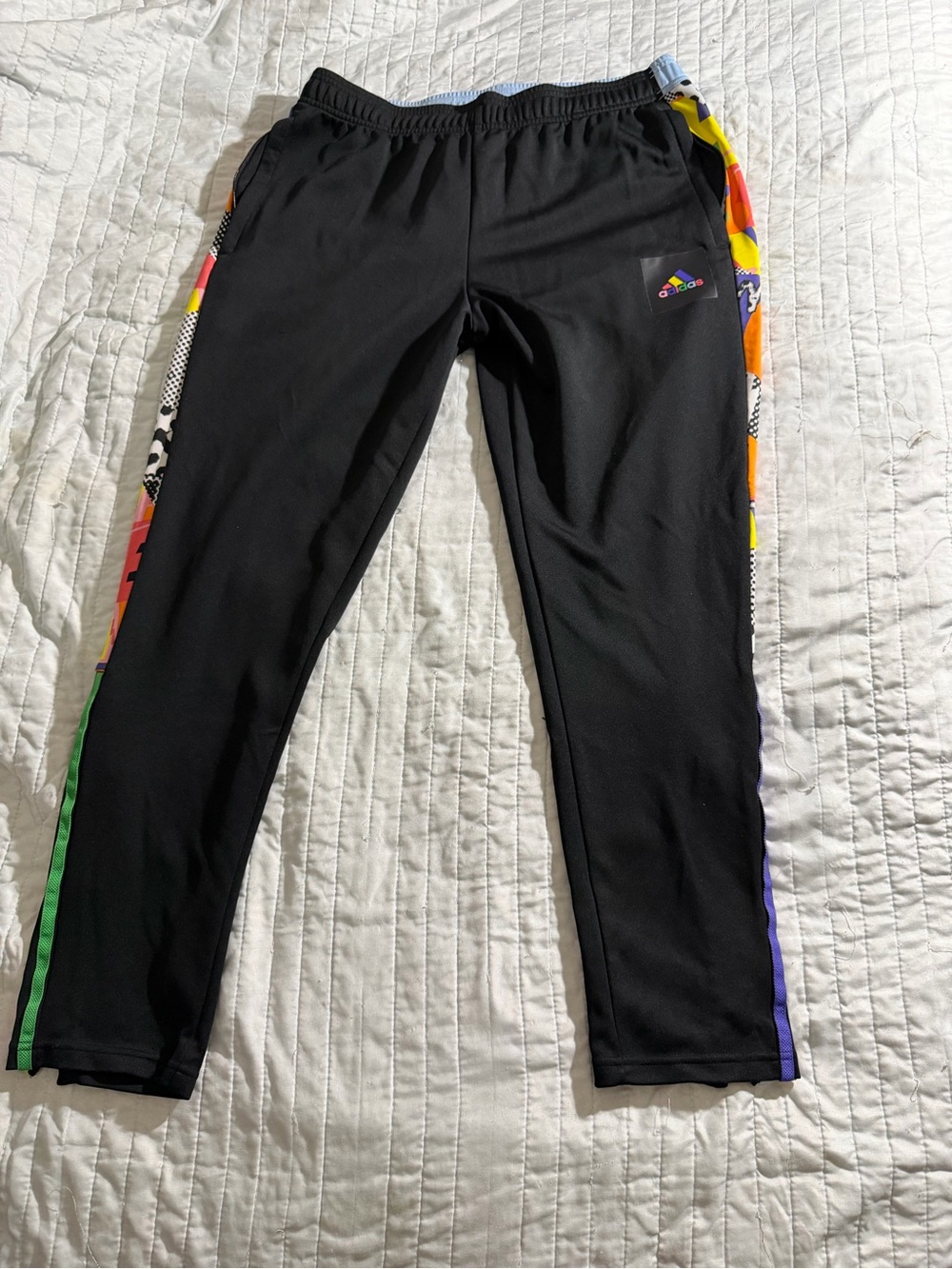 Adidas men’s  Black Track Pants with Multicolor Side Stripes